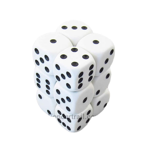 KOP11002 White Opaque Dice with Black Pips D6 16mm (5/8in) Pack of 12 Dice