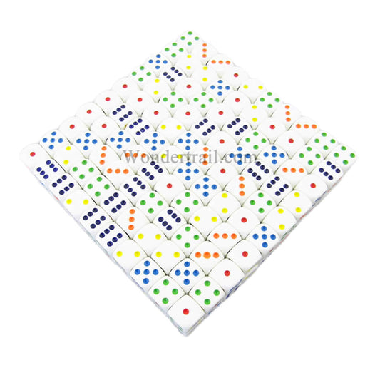 KOP11475 White Opaque Dice with Multi-Colored Pips D6 16mm (5/8in) Bulk Pack of 200 Dice