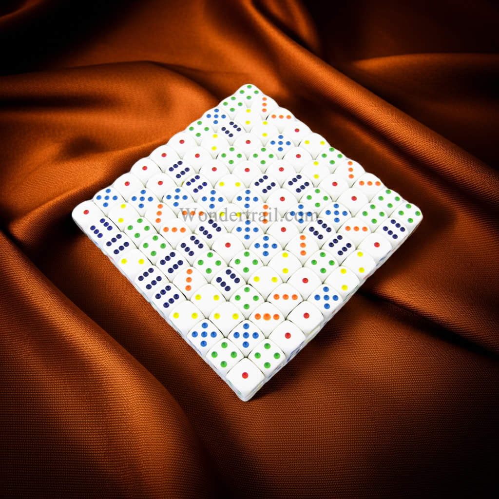 KOP11475 White Opaque Dice with Multi-Colored Pips D6 16mm (5/8in) Bulk Pack of 200 Dice