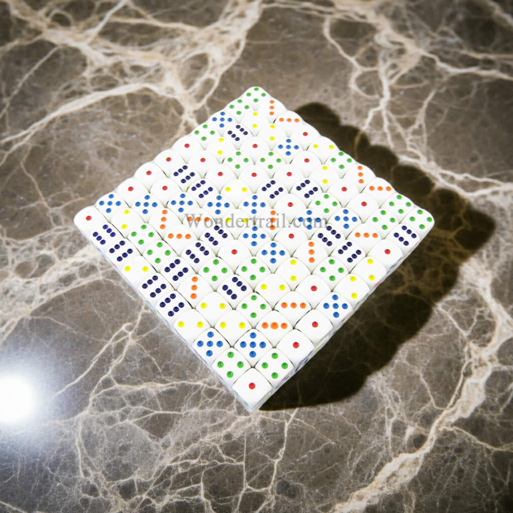 KOP11475 White Opaque Dice with Multi-Colored Pips D6 16mm (5/8in) Bulk Pack of 200 Dice