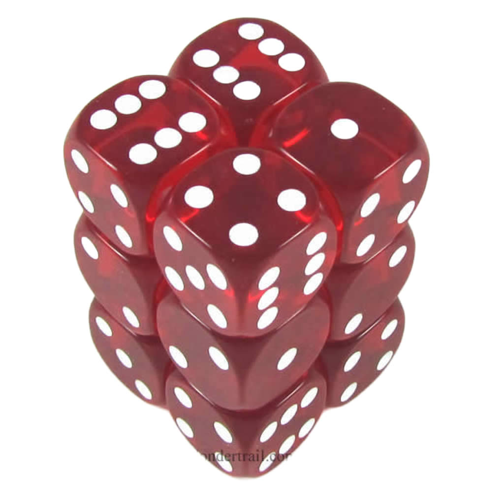 KOP11613 Red Transparent Dice White Pips D6 16mm (5/8in) Pack of 12
