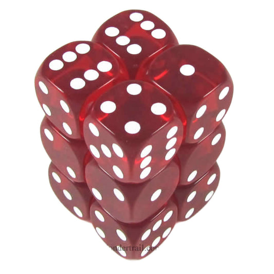 KOP11613 Red Transparent Dice with White Pips D6 16mm (5/8in) Pack of 12 Dice