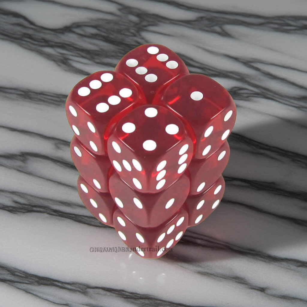 KOP11613 Red Transparent Dice White Pips D6 16mm (5/8in) Pack of 12