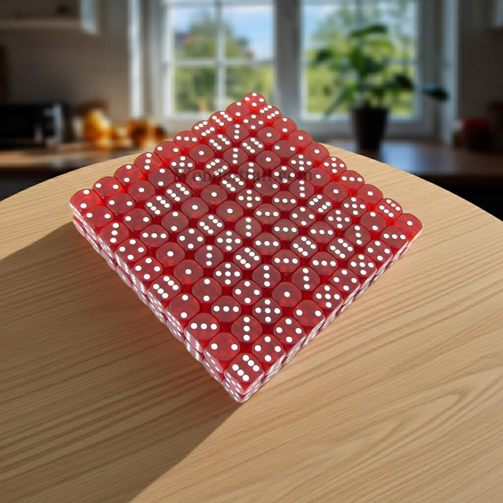 KOP11618 Red Transparent Dice with White Pips D6 16mm (5/8in) Bulk Pack of 200 Dice