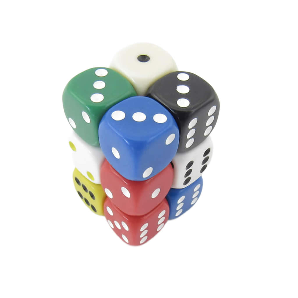 KOP11637 Assorted Opaque Dice with Pips D6 16mm (5/8in) Pack of 12 Dice