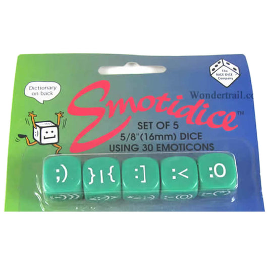 KOP11777 Emotidice Green Dice White Emoticons D6 16mm (5/8in) Pack of 5