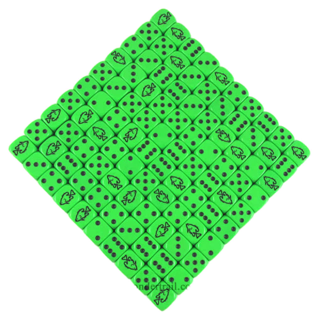 KOP12863 Green Fish Dice with Black Pips D6 16mm (5/8in) Bulk Pack of 100