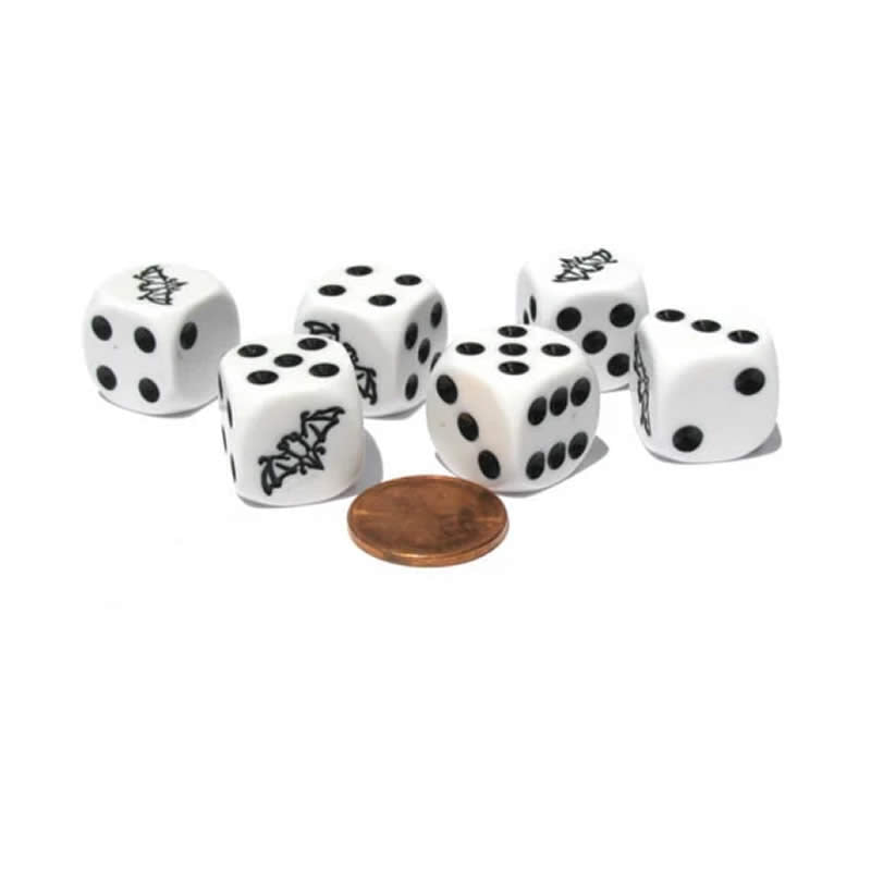 KOP14836 Bat Dice Game White Opaque Dice with Black Pips D6 16mm