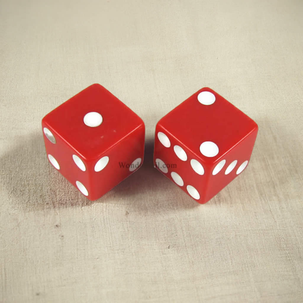KOP17816 Red Opaque Dice with White Pips D6 25mm (1in) Pack of 2