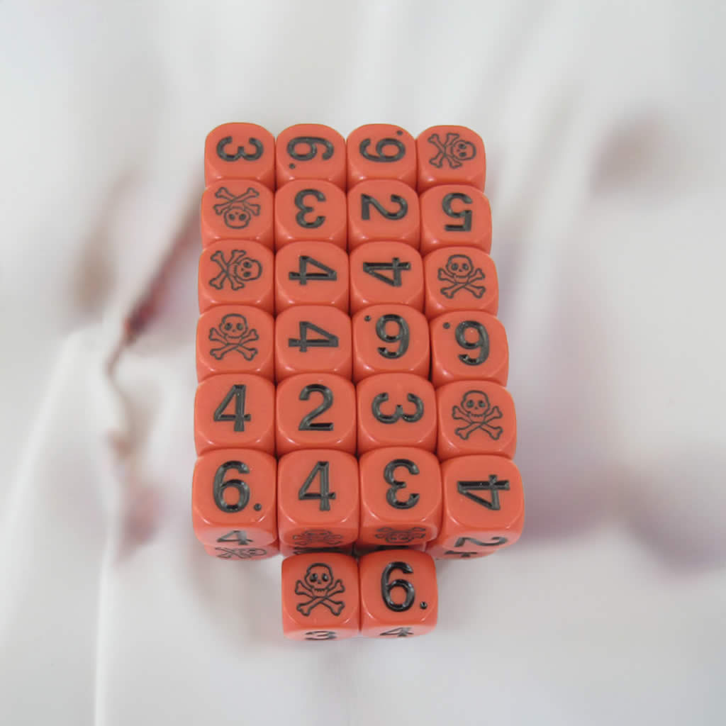 KOP18277E50 Skull and Cross Bones Dice Red Black Large Numbers D6 15.8mm Pack of 50