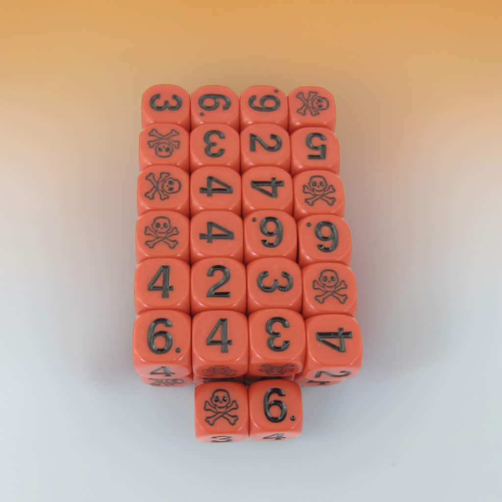 KOP18277E50 Skull and Cross Bones Dice Red Black Large Numbers D6 15.8mm Pack of 50