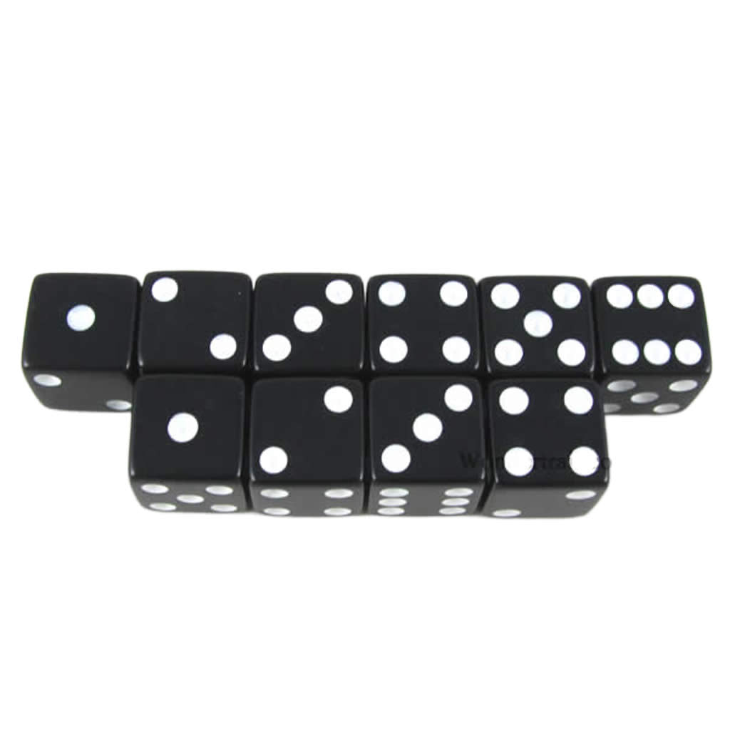 KOP18315 Black Opaque Dice with White Pips D6 16mm (5/8) Set of 10