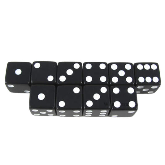 KOP18315 Black Opaque Dice with White Pips D6 16mm (5/8) Set of 10
