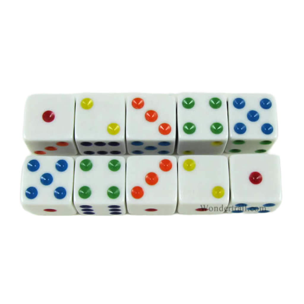 KOP18330 White Opaque Dice with Multi Color Pips D6 16mm (5/8) Set of 10 Dice