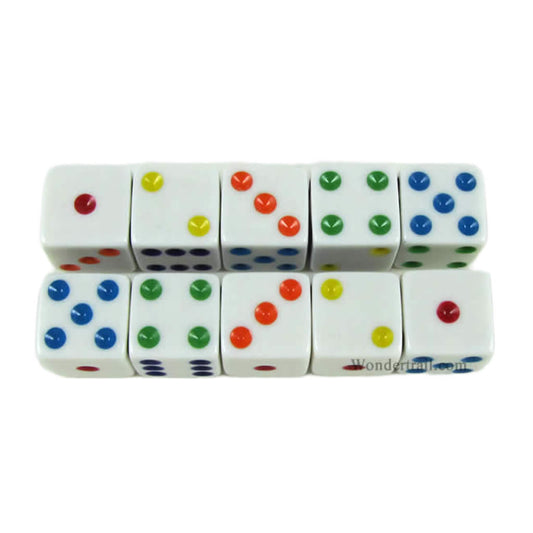 KOP18330 White Opaque Dice with Multi Color Pips D6 16mm (5/8) Set of 10 Dice