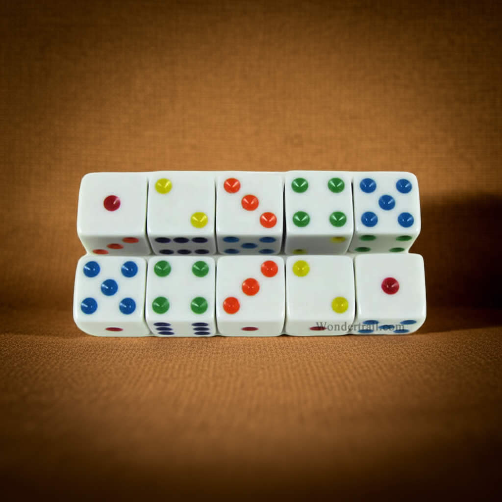 KOP18330 White Opaque Dice with Multi Color Pips D6 16mm (5/8) Set of 10 Dice