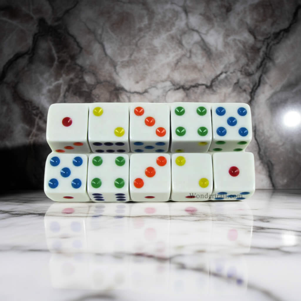KOP18330 White Opaque Dice with Multi Color Pips D6 16mm (5/8) Set of 10 Dice