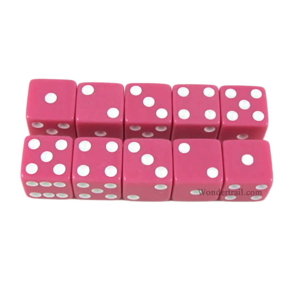 KOP18336 Pink Opaque Dice with White Pips D6 16mm (5/8) Set of 10