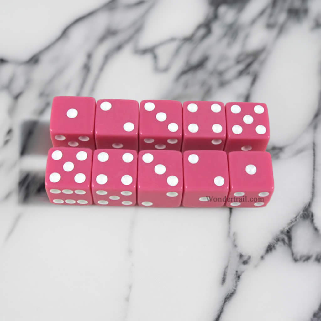 KOP18336 Pink Opaque Dice with White Pips D6 16mm (5/8) Set of 10