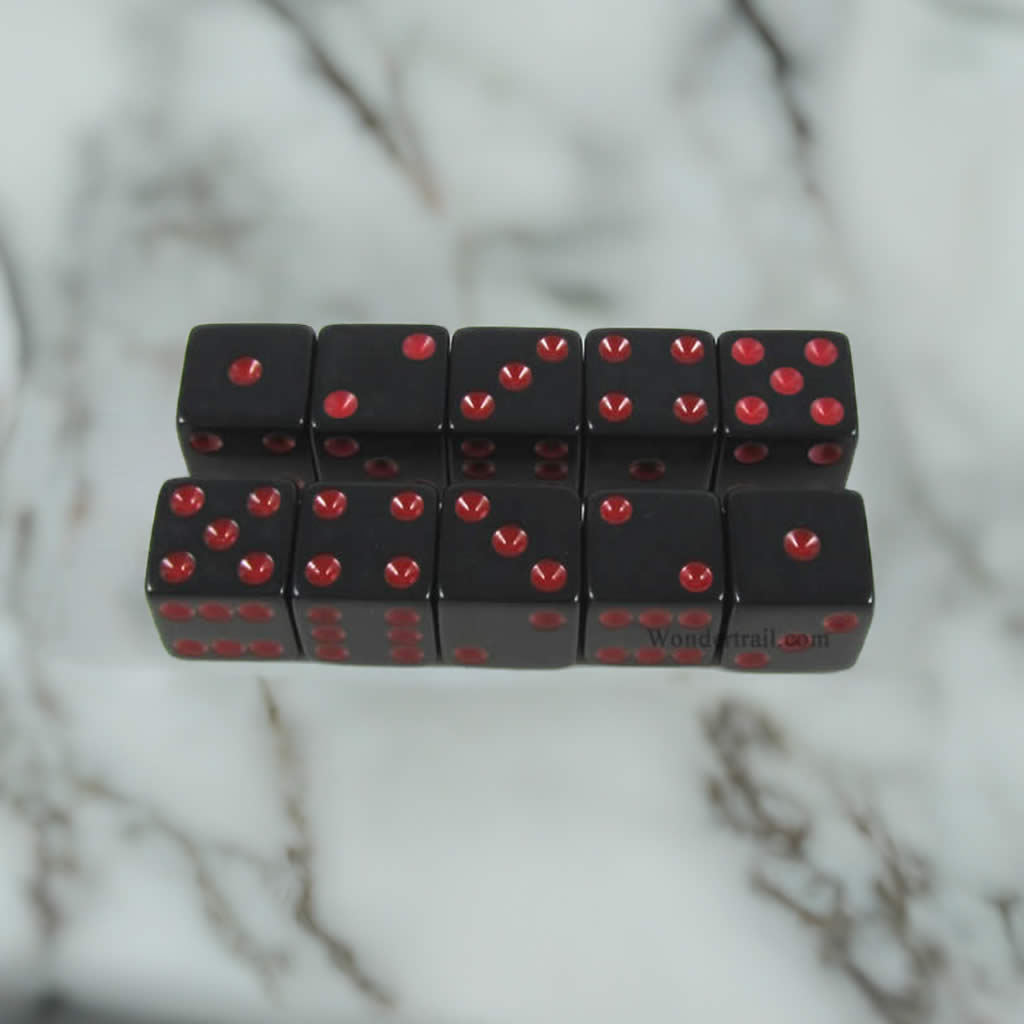 KOP18339 Black Opaque Dice with Red Pips D6 16mm (5/8) Set of 10