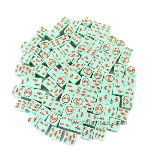 KOP18811 Green Alien Glow in the Dark Dice with Red Aliens D6 16mm (5/8in) Bulk Pack of 100 Dice