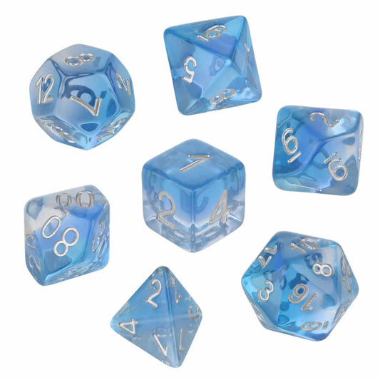 KOP19528 Mint Blue Layered Dice with Silver Colored Numbers 16mm (5/8in) Set of 7