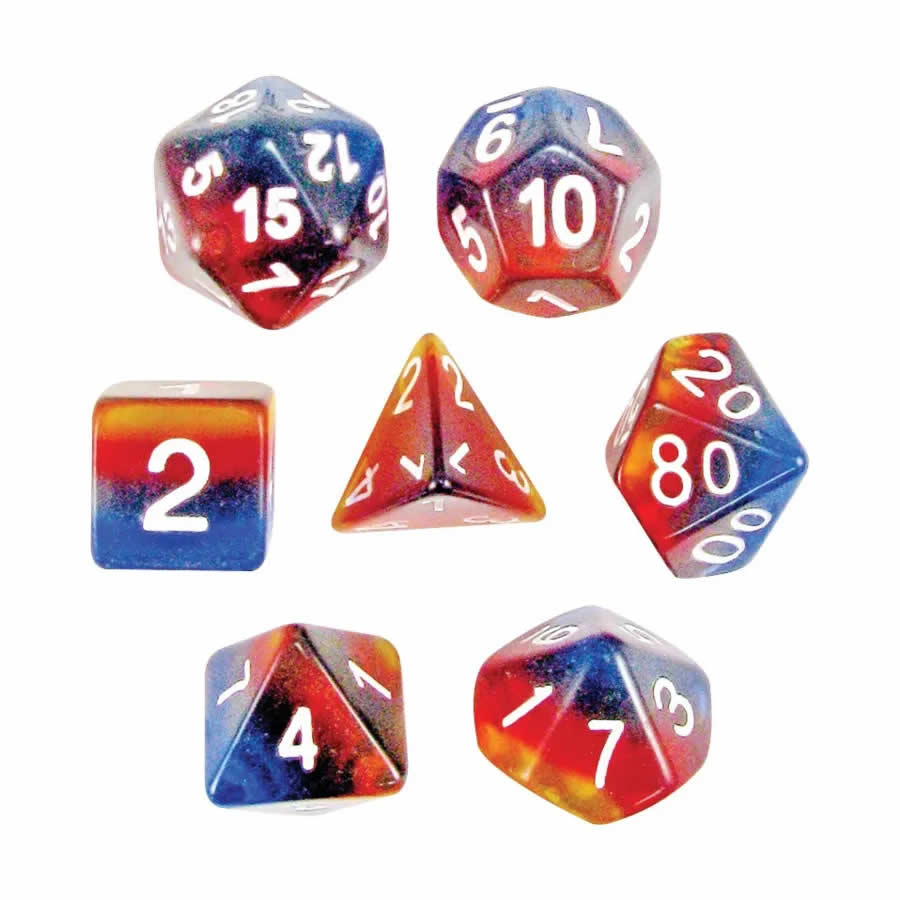 KOP19536 Sunset Layered Dice with White Colored Numbers 16mm (5/8in) Set of 7