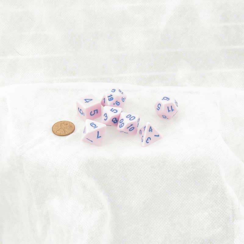 KOP19720 Pink Opaque Dice with Blue Colored Numbers 16mm (5/8in) Set of 7