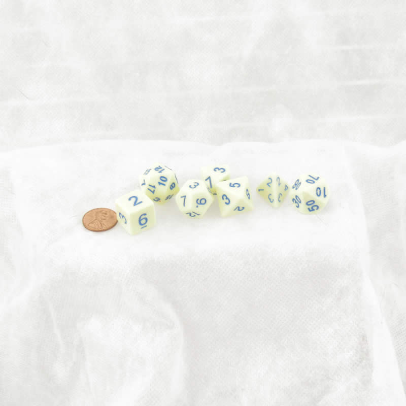 KOP19728 Lemon Opaque Dice with Blue Colored Numbers 16mm (5/8in) Set of 7