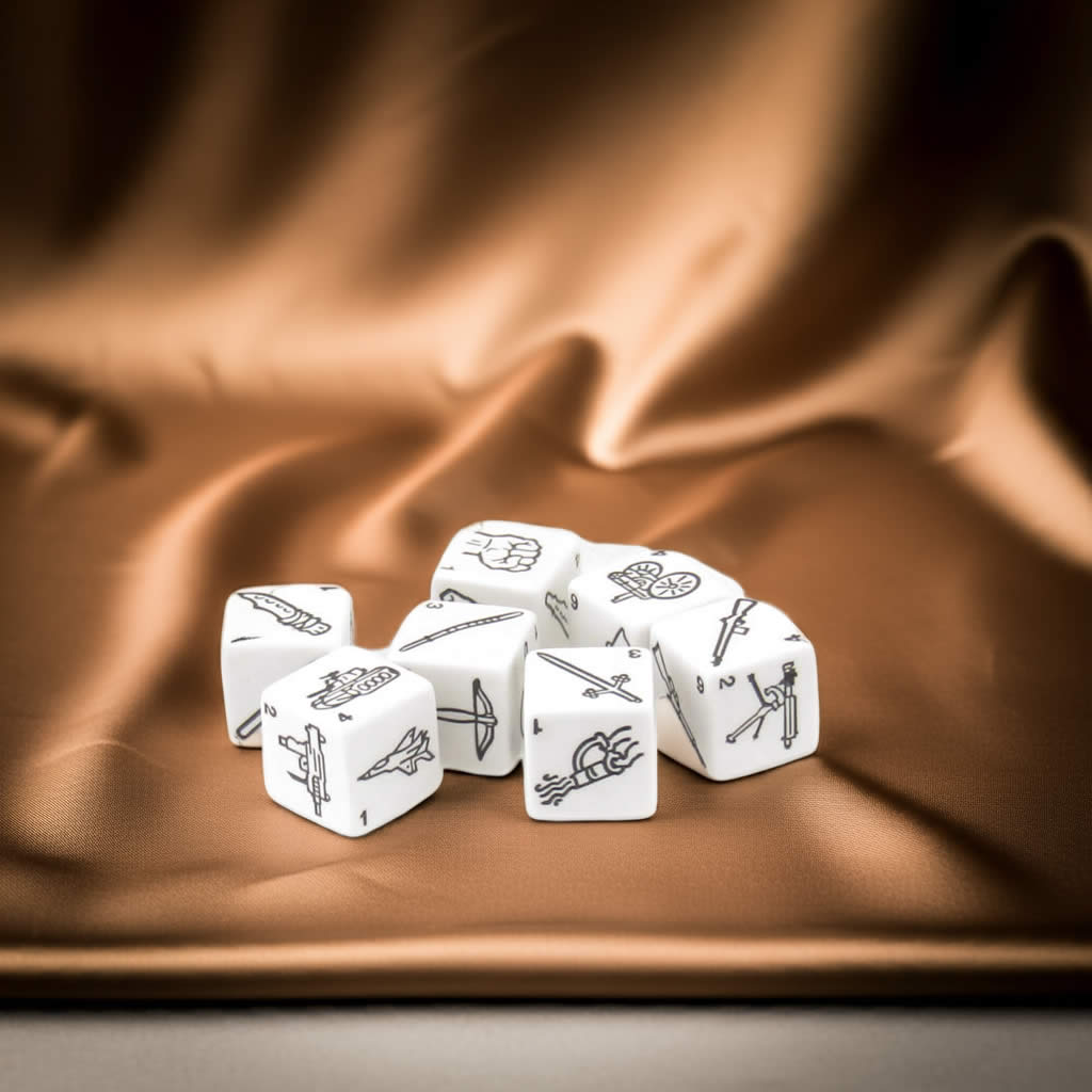 KOP20091 Weapons Dice White with Black Weapons Symbols D6 19mm (3/4in) Set of 7 Dice