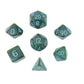MET178 Green Stardust Resin Dice with Blue Numbers 16mm (5/8in) 7-Dice Set