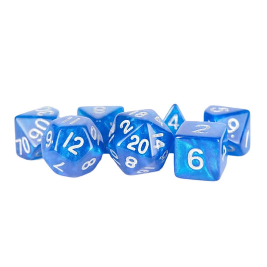 MET181 Blue Stardust Resin Dice with Silver Numbers 16mm (5/8in) 7-Dice Set Metallic Dice Games