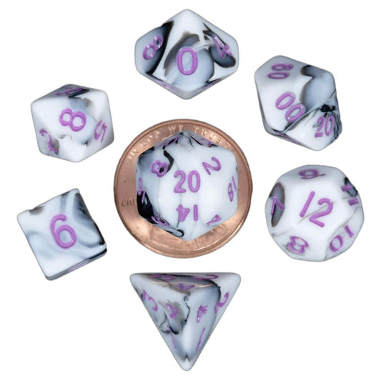 MET41037 Black and White Marble Colored Poly Dice Purple Numbers 10mm 7-Dice Set