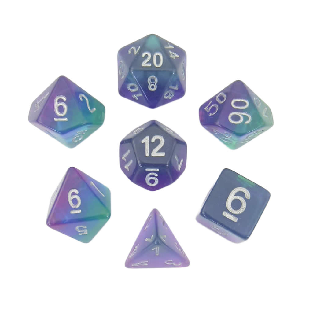 MET627 Blue Aurora with White Numbers Acrylic 16mm (5/8in) 7 Dice Set