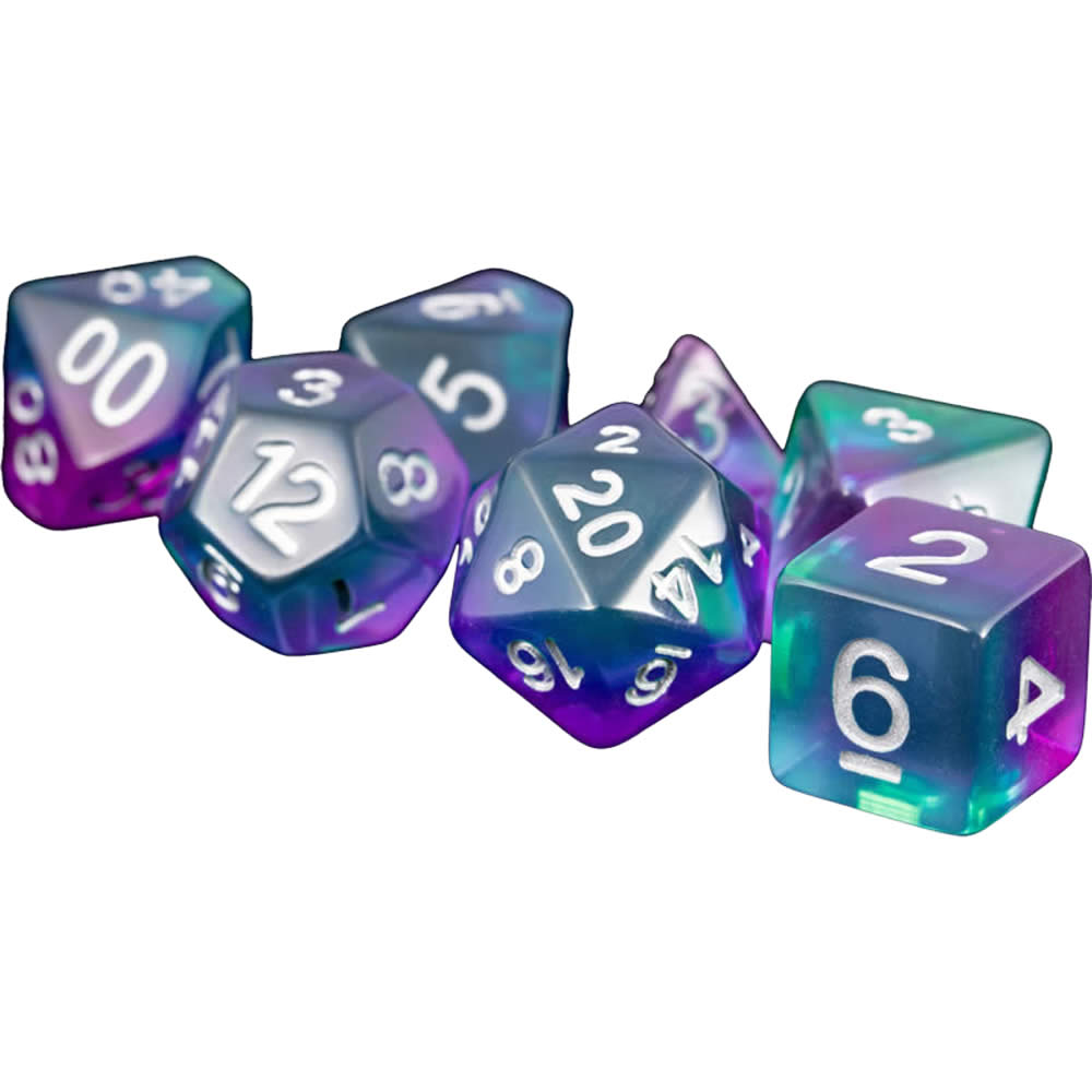 MET627 Blue Aurora with White Numbers Acrylic 16mm (5/8in) 7 Dice Set