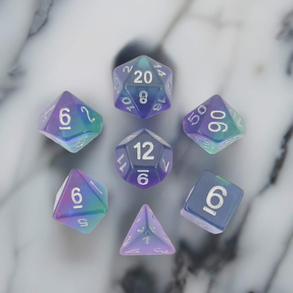 MET627 Blue Aurora with White Numbers Acrylic 16mm (5/8in) 7 Dice Set