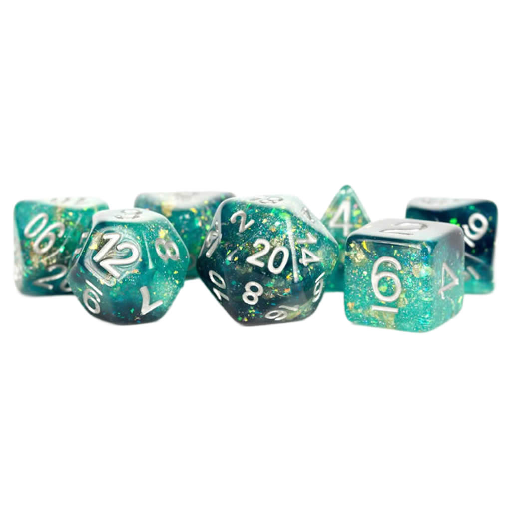 MET634 Teal and Black Eternal Resin Dice with White Numbers 16mm (5/8in) 7 Dice Set
