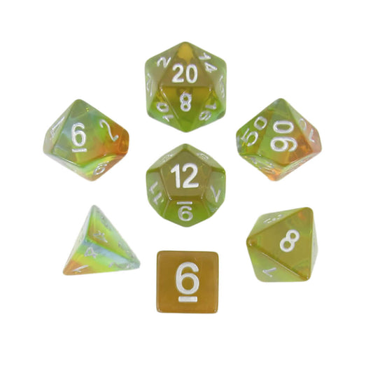 MET662 Yellow Aurora with White Numbers Acrylic 16mm (5/8in) 7 Dice Set Metallic Dice Games