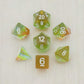MET662 Yellow Aurora with White Numbers Acrylic 16mm (5/8in) 7 Dice Set Metallic Dice Games