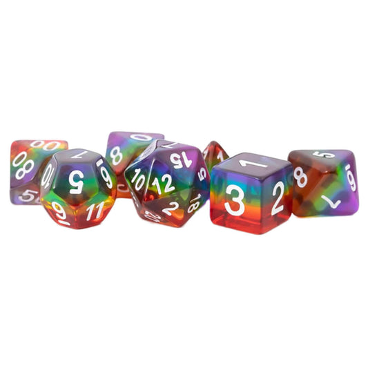 MET677 Translucent Rainbow Dice with White Numbers Acrylic 7 Dice Set