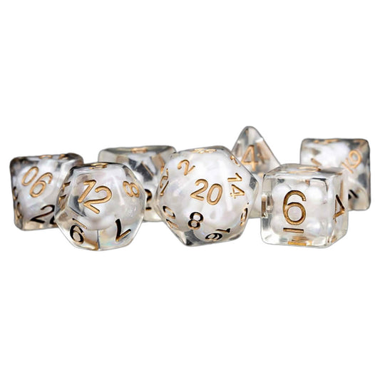 MET688 Clear Pearl Resin Dice with Copper Colored Numbers 16mm (5/8in) 7 Dice Set