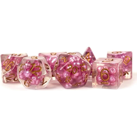 MET691 Pearl Pink Dice with Copper Numbers Resin 16mm (5/8in) 7 Dice Set