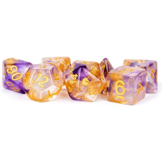 MET711 Royal Sunset Unicorn Dice with Yellow Numbers Acrylic 7 Dice Set