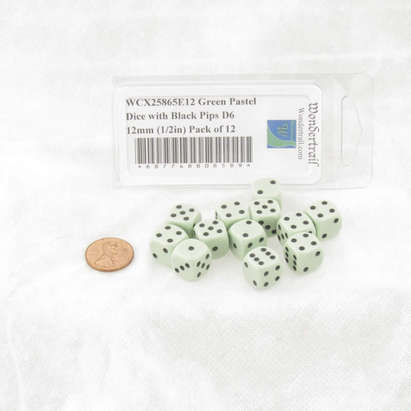 WCX25865E12 Green Pastel Dice with Black Pips D6 12mm (1/2in) Pack of 12