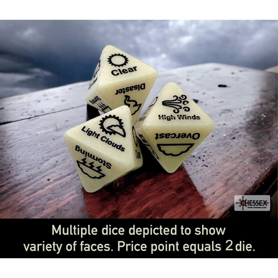 WCXCV0003AE2 Ivory Weather Dice with Black Words 15mm (19/32 inch) D8 Set of 2