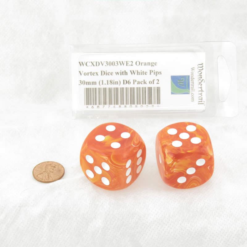 WCXDV3003WE2 Orange Vortex Dice with White Pips 30mm (1.18in) D6 Pack of 2