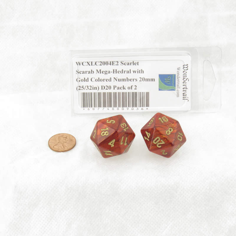 WCXLC2004E2 Scarlet Scarab Mega-Hedral with Gold Colored Numbers 20mm (25/32in) D20 Pack of 2