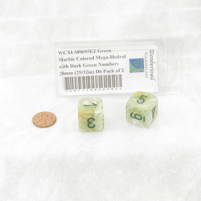 WCXLM0695E2 Green Marble Colored Mega-Hedral with Dark Green Numbers 20mm (25/32in) D6 Pack of 2