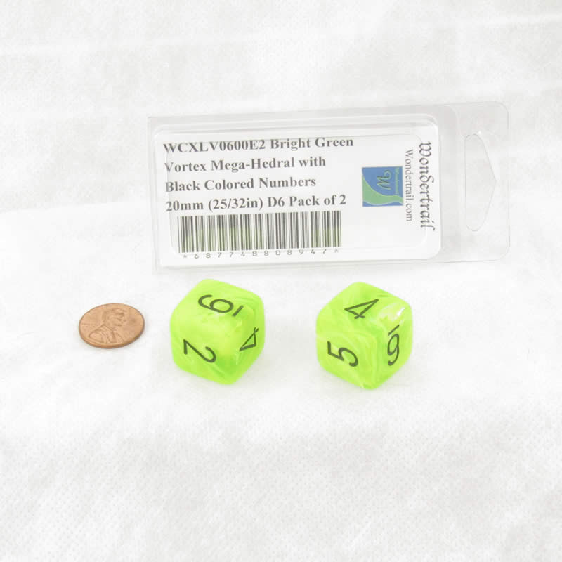 WCXLV0600E2 Bright Green Vortex Mega-Hedral with Black Colored Numbers 20mm (25/32in) D6 Pack of 2