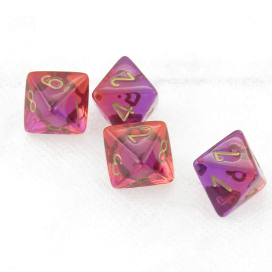 WCXPG0867E4 Red and Violet Translucent Gemini Dice Gold Numbers D8 Aprox 16mm (5/8in) Pack of 4